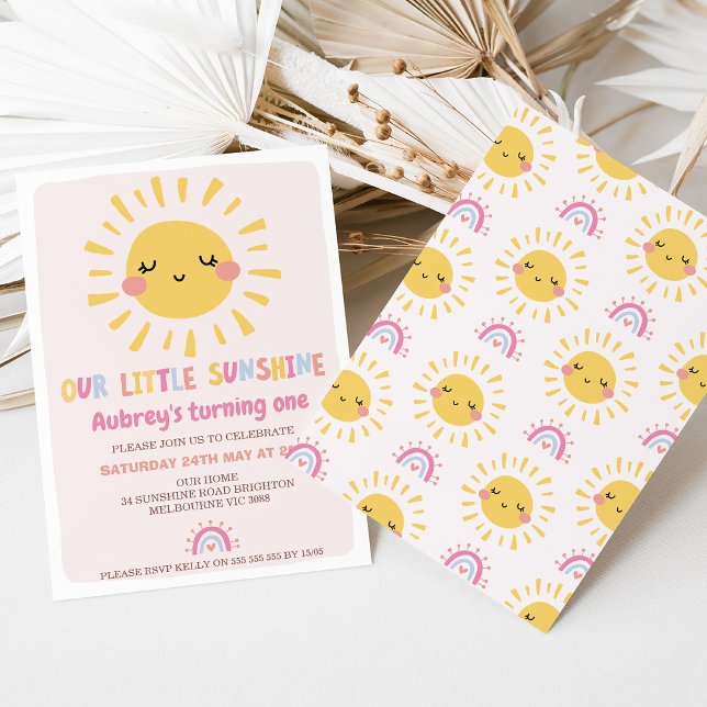 Multifärgat vår lilla solsken 1:a födelsedag inbjudningar (Our Little Sunshine 1st Birthday Invitation, Girl Summer Birthday, Girls Sun First Birthday Party, )