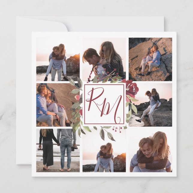 Multifoto av blommigt Block Monogram Burgundy Blom Spara Datumet (Framsida)