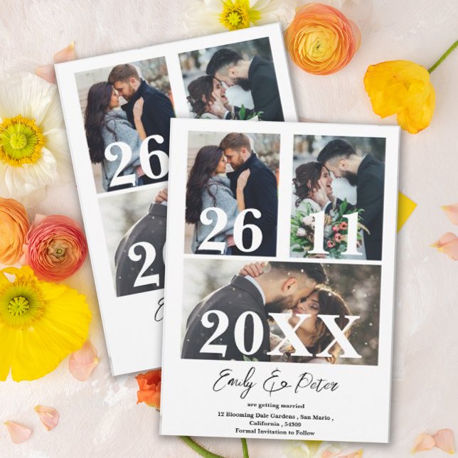 Multifoto Bröllop spara datum med enkel Elegant Datumet (Simple Elegant Multi Photo Wedding Save the Date Invitation )