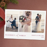 Multifoto Collage Simple Chic Nylodrät jul Julkort<br><div class="desc">Den här chicen innehåller helt enkelt en ny mall för multifoto-julkort med elegant, minimalistisk och modern design. Framsidan har ditt första namn och år under dina tre favoritfoton och ett "MARRIED and MERRY"-meddelande som förmedlas med en slående blandning av två olika typsnitt, med "och" i ett lätt, flytande skript mellan...</div>