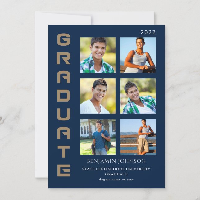Multifoto för färg Guld och marin Student Inbjudningar (Framsida)
