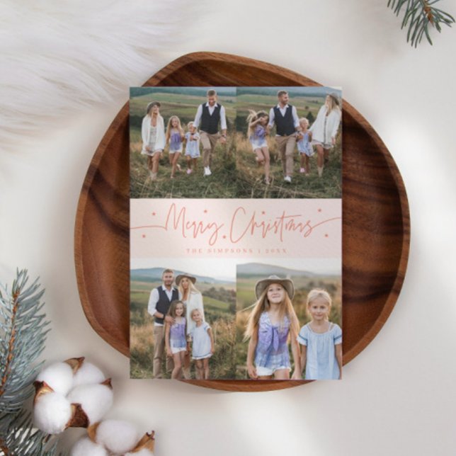 Multifoto för God jul Script Peach Julkort (Skapare uppladdad)