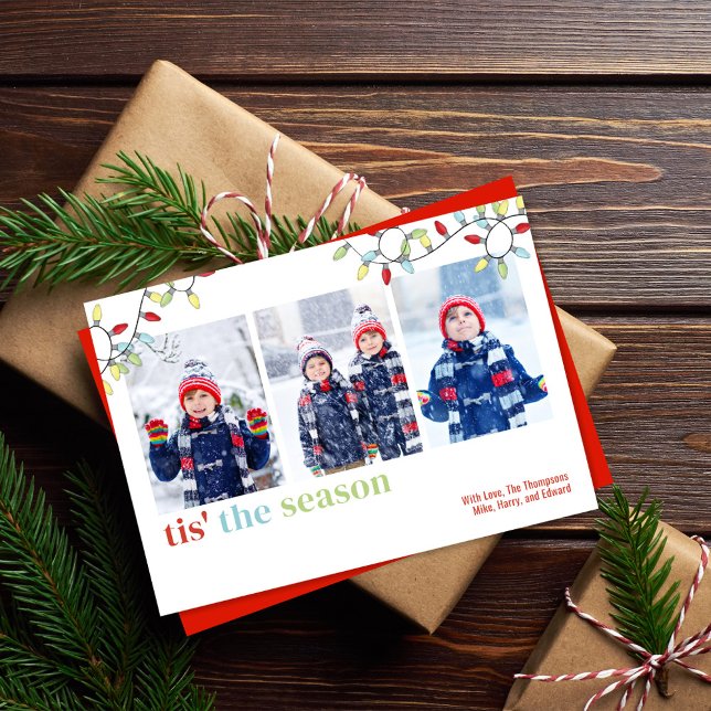 Multifoto för String Ljus-julfoto Julkort (Tis the season holiday photo card with colorful string lights)