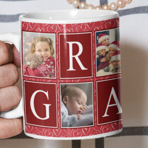 Multifoto Red Heart Mönster Grandma Photo Kaffemugg