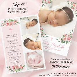 Multifotodobaptism för rosa Blommigt för flickor Inbjudningar