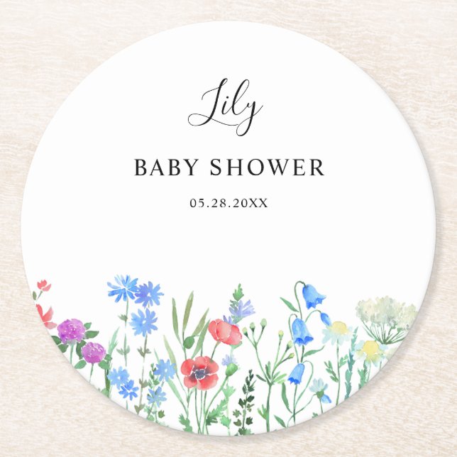 Multihued Wildflower Baby Shower Celebration Underlägg Papper Rund (Framsidan)