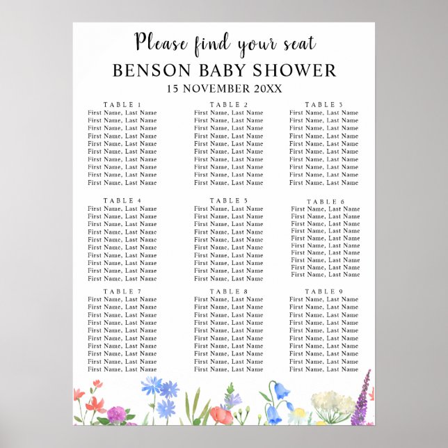 Multihued Wildflower Baby Shower Seating Charts Poster (Framsidan)
