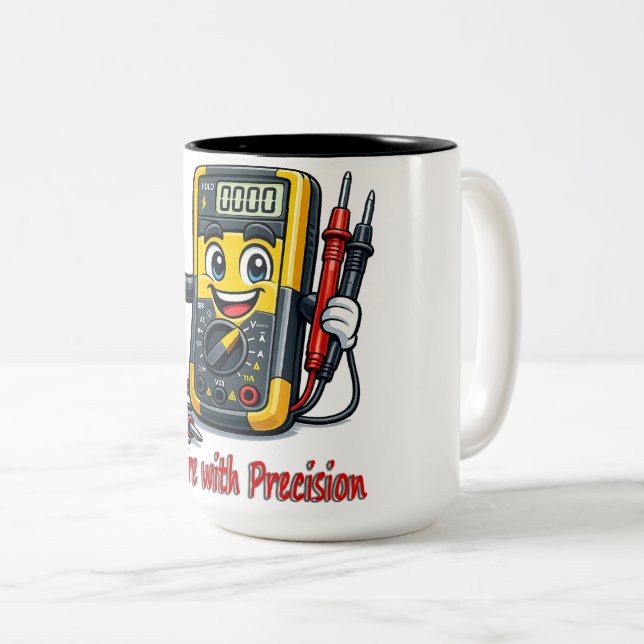 Multimeter Tecknad Maskot Mät Med Precision M Två-Tonad Mugg (Framsida höger)