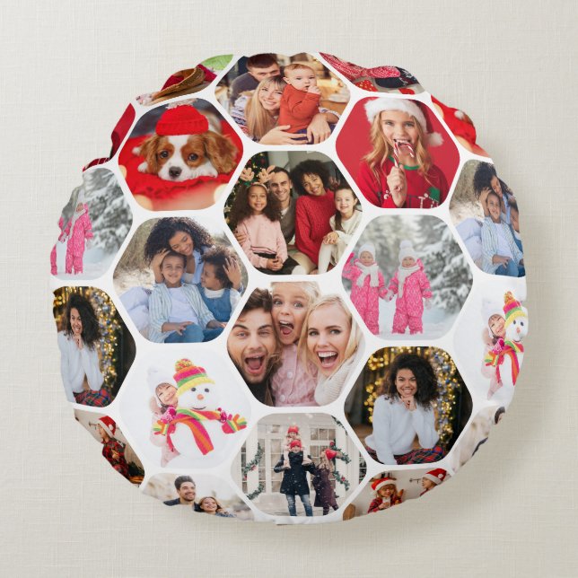 Multipla foto Collage Simple Modern Hexagon Mönste Rund Kudde (Framsidan)