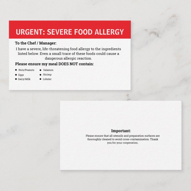 Multiple Food Allergy Alert Visitkort (Fram/baksida)