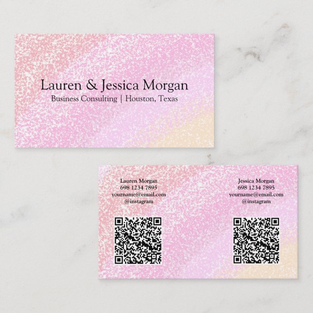 Multiple QR Code 2 Names & Contact Pink Glitter Visitkort (Fram/baksida)