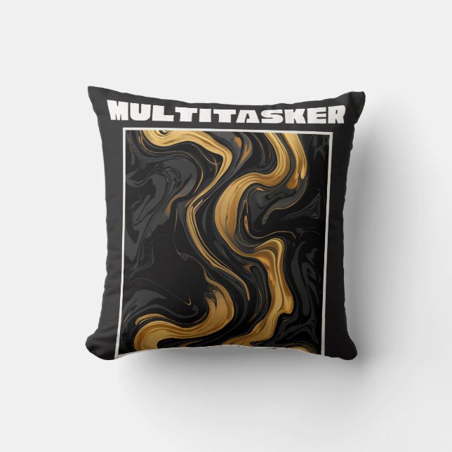 Multitasker Guld & Svart Flytande Marmor Abstrakt Kudde (Framsida)