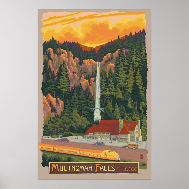 Multnomah Falls & Lodge, Oregon Travel Poster (Framsidan)