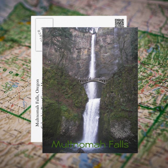Multnomah Falls, Oregon Travel Photo Vykort (In Situ Map)