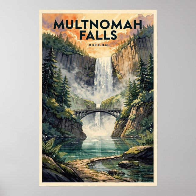 Multnomah Falls Oregon Vintage Resa Poster (Framsidan)