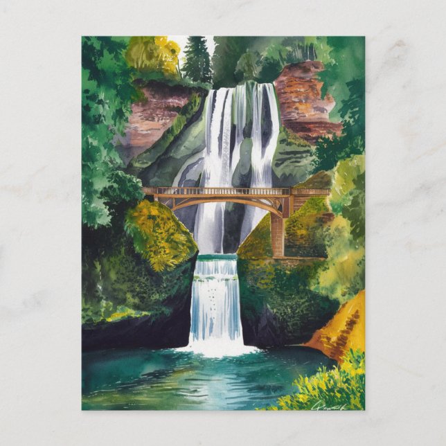 Multnomah Falls Watercolor Painting Travel Vykort (Framsida)