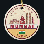 Mumbai India City Skyline Emblem Julgransprydnad Keramik<br><div class="desc">Mumbai minimalistisk,  färglös konstdesign med monument och landmärken från staden i Indien.</div>