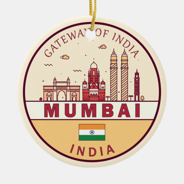 Mumbai India City Skyline Emblem Julgransprydnad Keramik (Framsidan)