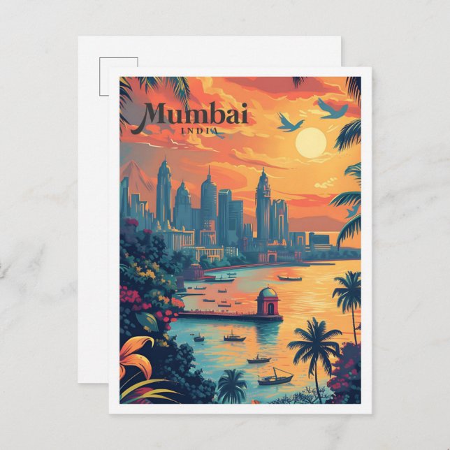 Mumbai India Vintage Art Travel Illustration Vykort (Fram/baksida)