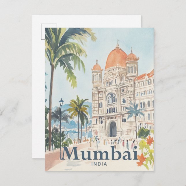 Mumbai India Watercolor Painting Travel Vykort (Fram/baksida)