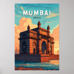 Mumbai Indien Illustration Resa Konst Vintage Poster