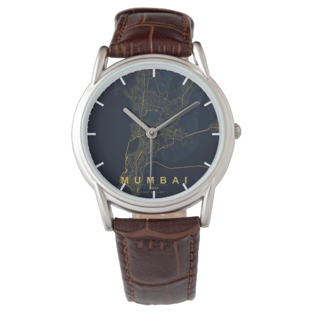 Mumbai Indien Stadskarta Minimalistisk Design Armbandsur (Framsida)