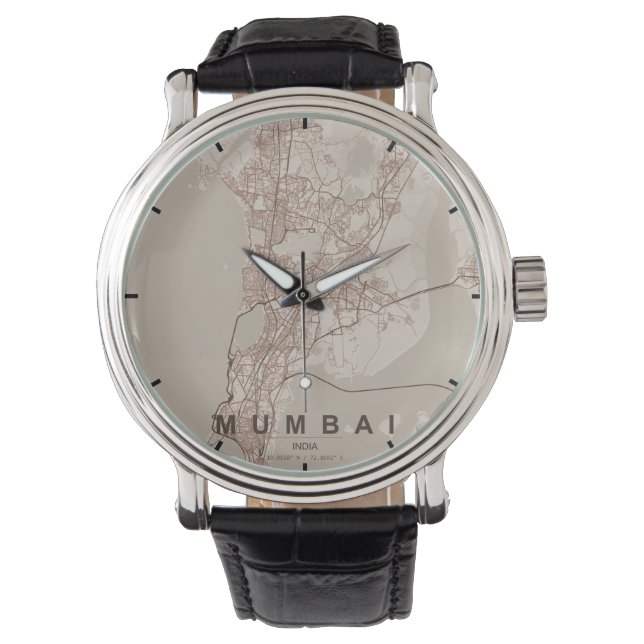 Mumbai Indien Stadskarta Minimalistisk Design Armbandsur (Framsida)