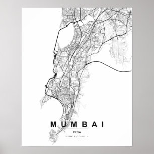 Mumbai Minimalistisk Karta (Svart & Vitt) Poster