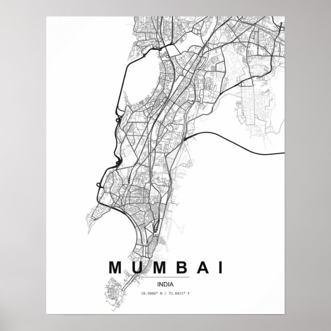 Mumbai Minimalistisk Karta (Svart & Vitt) Poster (Framsidan)