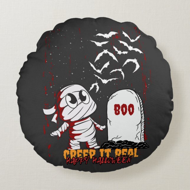 Mumie vid grav Boo Halloween Rund Kudde (Framsidan)