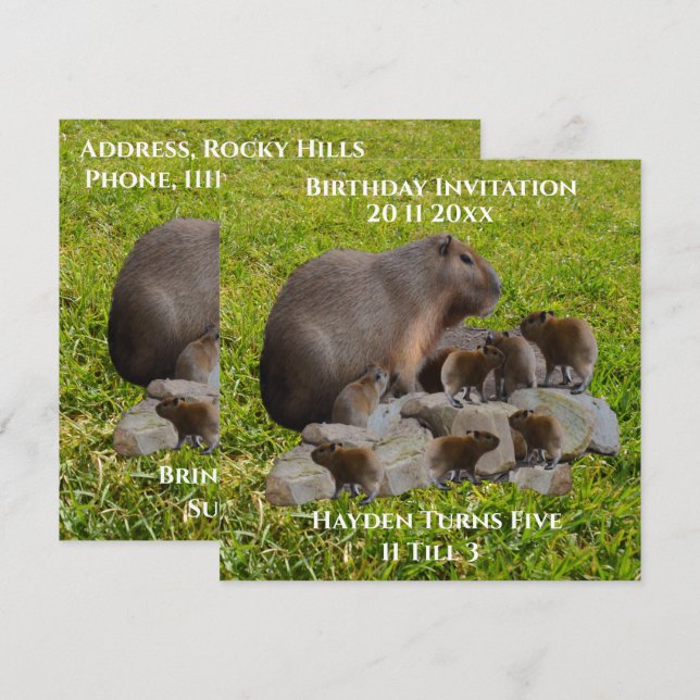 Mummy and Baby Capybaras, födelsedagsinbjudan Inbjudningar (Fram/baksida)