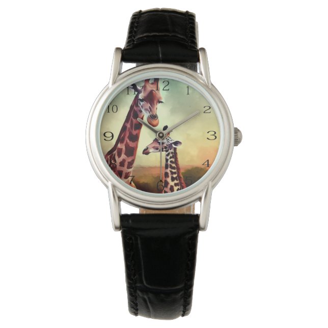 Mummy and Baby Giraffe Watercolor Armbandsur (Framsida)