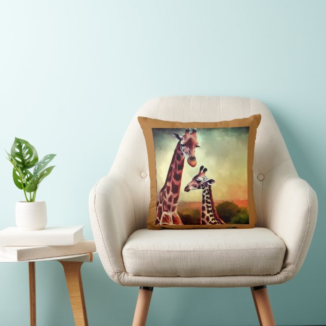 Mummy and Baby Giraffe Watercolor Kudde (Stol)
