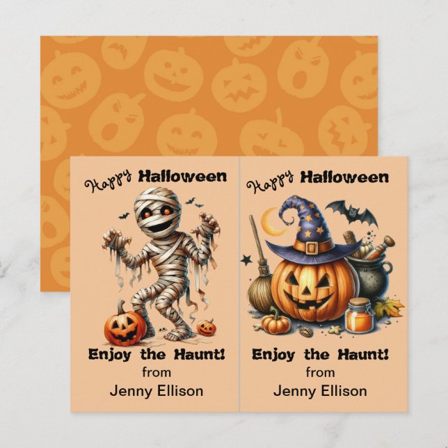 Mummy and Jack o'Lantern Party Halloween Card Vykort (Fram/baksida)