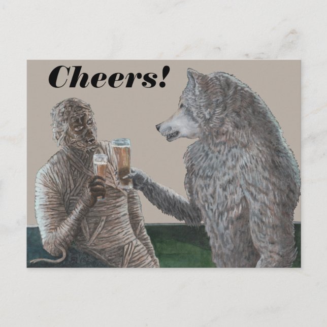 Mummy and Werevarulv Drinking Fantasy Art Postcard Vykort (Framsida)