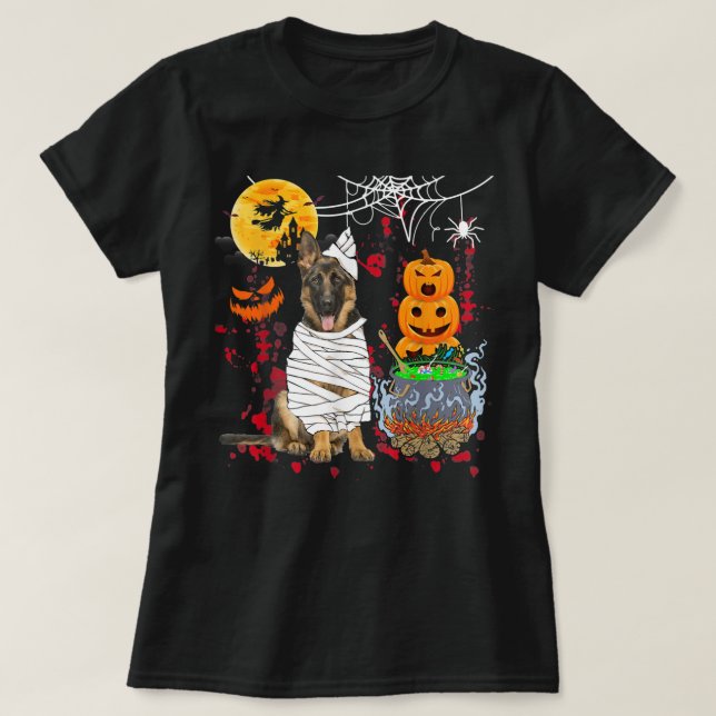 Mummy German Shepherd Hund Halloween Hund Scary Pu T Shirt (Design framsida)