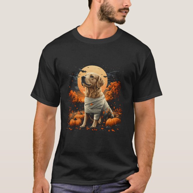Mummy Golden Retriever Pumpkin Scary Halloween Hun T Shirt (Framsida)