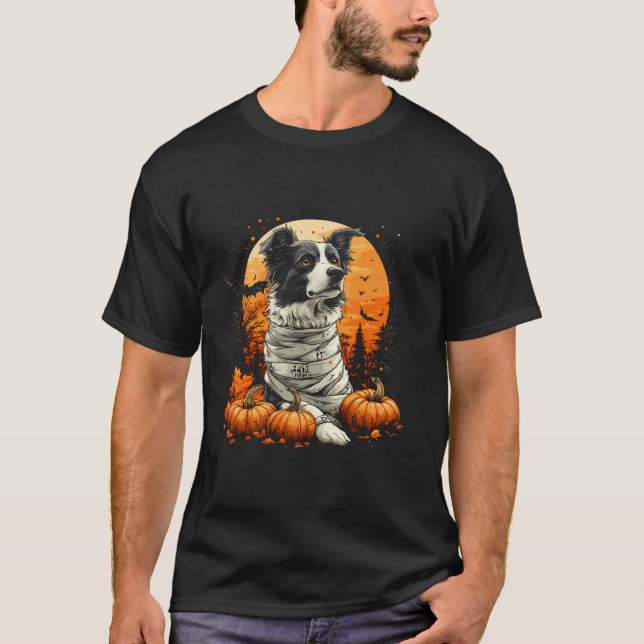 Mummy Gräns Collie Pumpkin Scary Halloween Hund Lo T Shirt (Framsida)