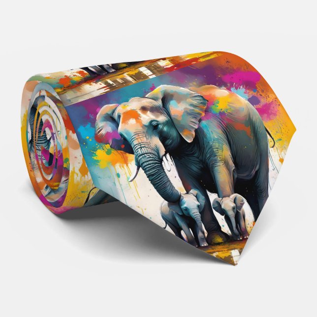 Mummy och Baby Elephants Färg Stänk Slips (Rullad)