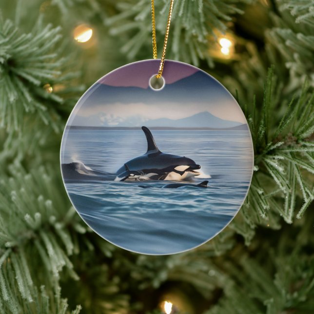 Mummy och Baby Orcas i havet. Julgransprydnad Keramik (Träd)