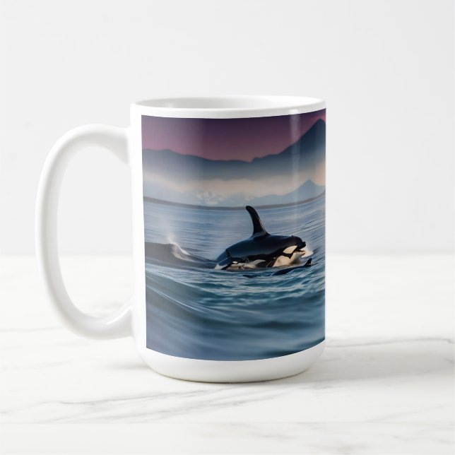 Mummy och Baby Orcas i havet. Kaffemugg (Vänster)