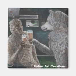Mummy och Werevarg Drinking Beer Button Magnet