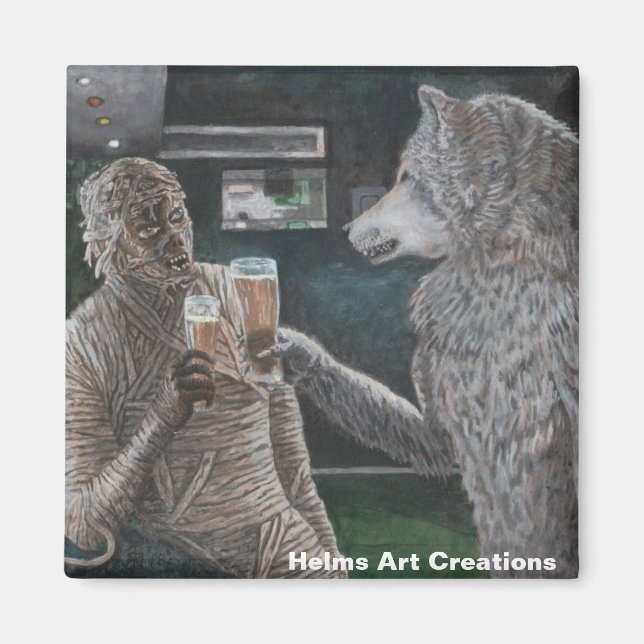 Mummy och Werevarg Drinking Beer Button Magnet (Framsidan)