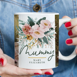 Mummy-present 2-foto-rosa-blommigt med giftig vatt kaffemugg