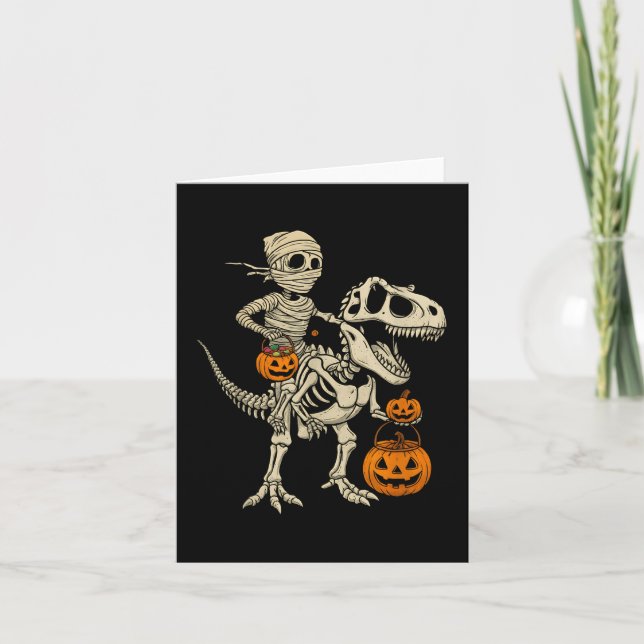 Mummy Skeleton Riding Dinosaur T Rex Kids Boys Man Kort (Framsida)