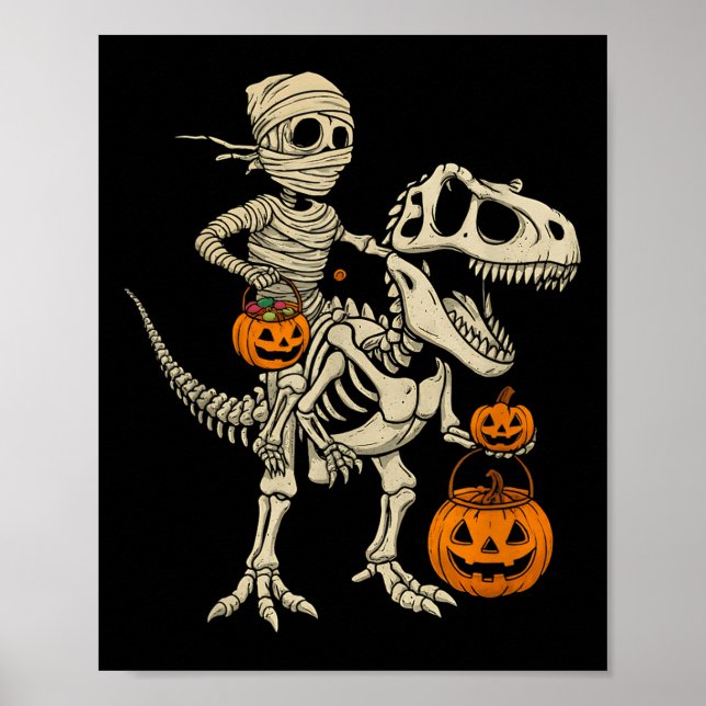 Mummy Skeleton Riding Dinosaur T Rex Kids Boys Man Poster (Framsidan)