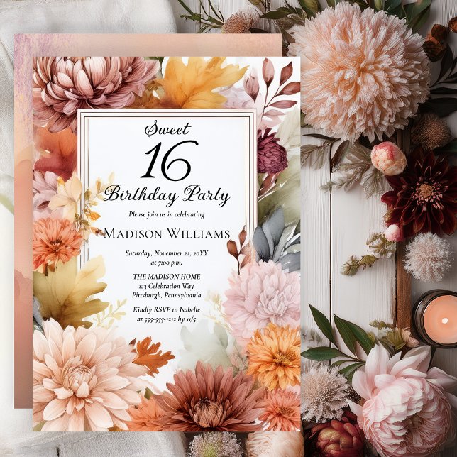 Mums | Peonies Floral Sweet 16 Birthday Party Inbjudningar (Elegant Boho Chrysanthemums and Peonies Floral Sweet 16 Birthday Party Invitation - Print | Digital)