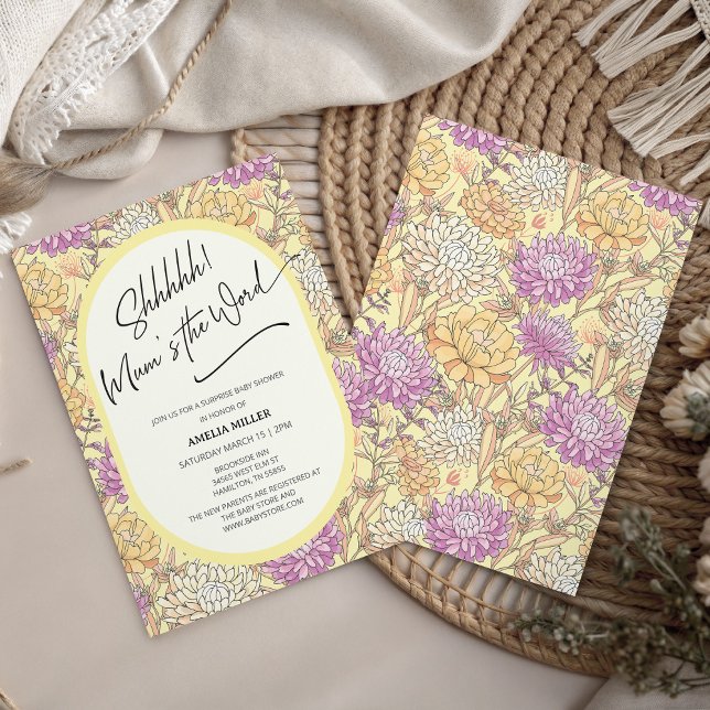 Mum's the Word Blommig Överraskning Bebisfest Inbjudningar (Mum's the Word Floral Surprise Baby Shower Invitation)