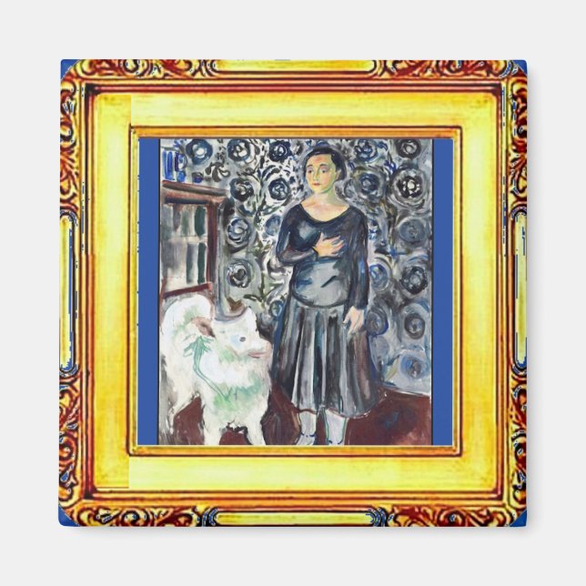 Munch, kvinna och vit Hund Magnet (Framsidan)
