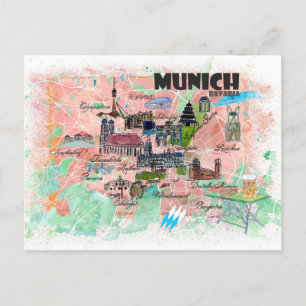 München Bavaria Illustrated Travel Karta Vykort